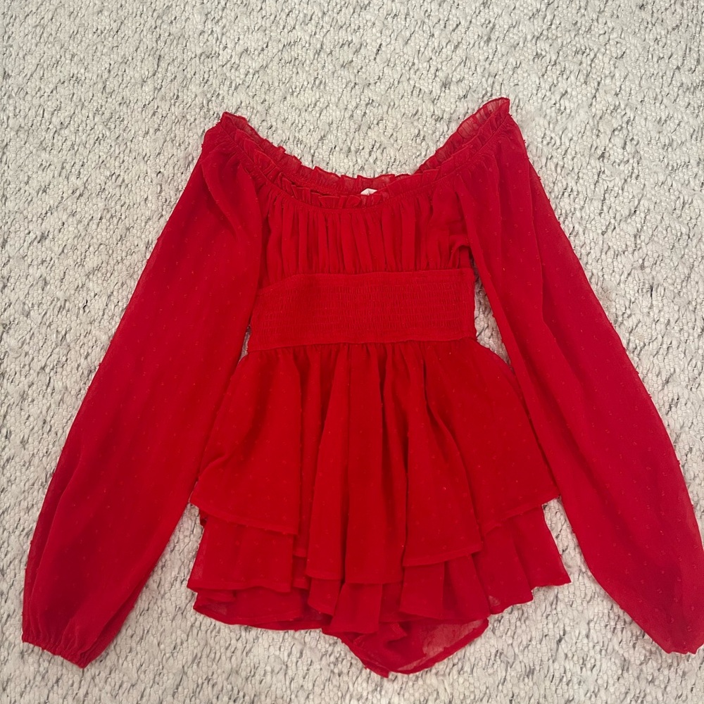 Urban Outfitters red smocked tiered long sleeve ruffle romper